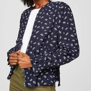LOFT PLUS Floral Ruffle Bomber Jacket Navy Size 18